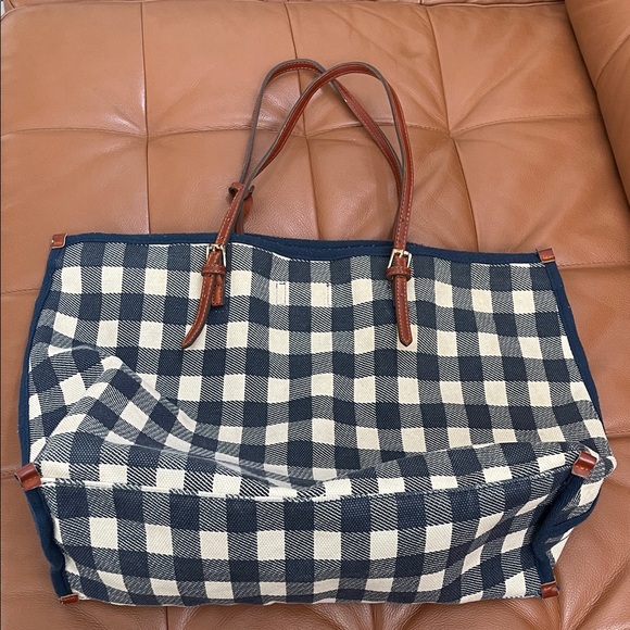 Anthropologie Blue and White Checkered Tote Bag with Pouch - Picture 2 of 11